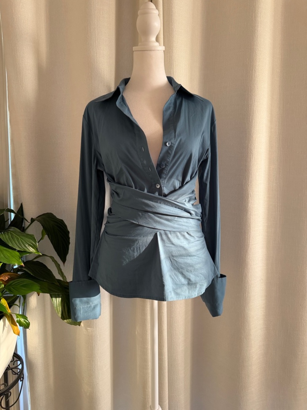 BCBGMaxAzria Slate Blue Wrap-Waist Button Down Shirt